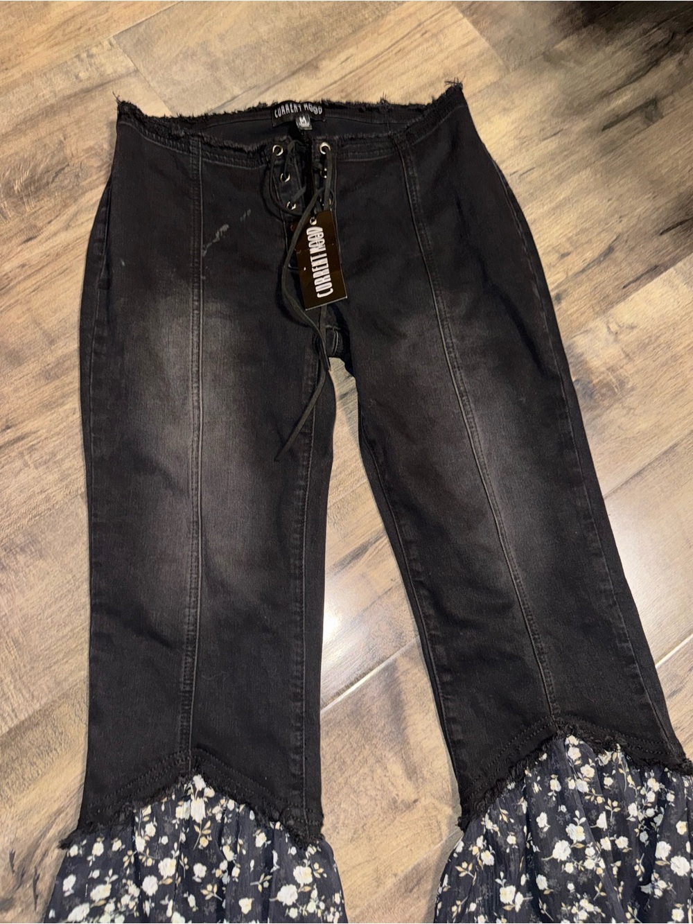 Current Mood Dolls Kill NWT Lace-Up Denim Floral Ruffle Flare Pants Medium - Picture 4 of 9